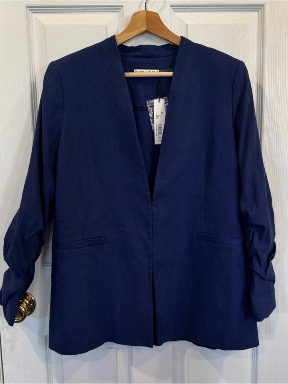 Alice + Olivia Jerri Linen Blend Blazer Azure Blue Ruched Sleeve Size 14 NWT